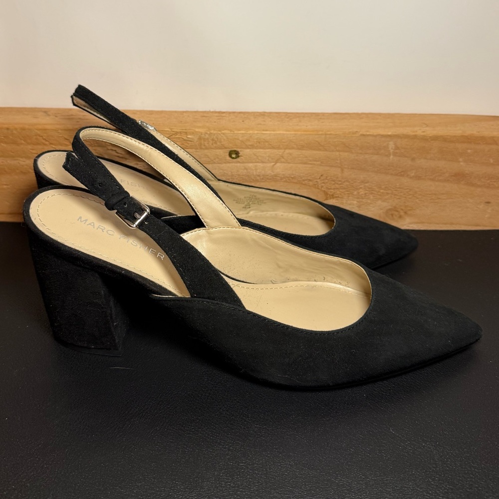 Marc Fisher Black Suede Slingback Block Heel Pumps